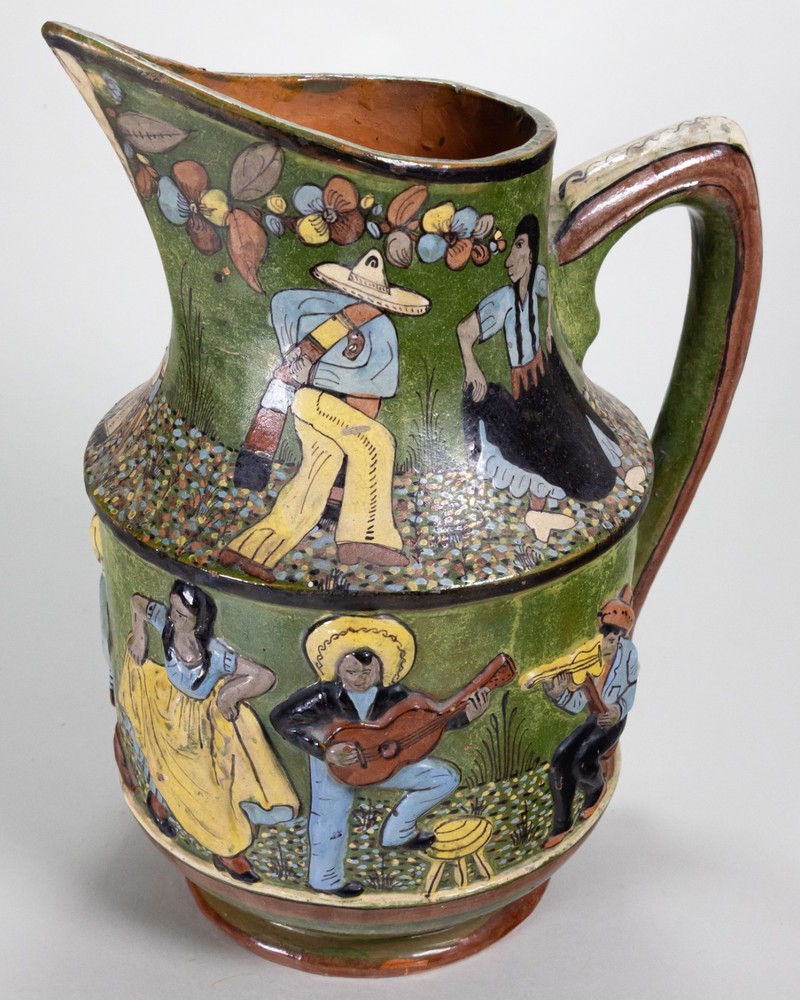 A Major C.1930 Tlaquepaque Mexican Green Pottery Pitcher – Dance/Music Motif