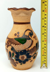 Tonala Mexico 8.25″ Vase sandstone Pottery hand painted enamel Quail & flowers