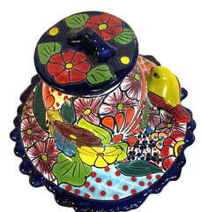 Lrge 11” Mexican Pottery Talavera Pottery “Love Birds” Hanging Bird House Feeder