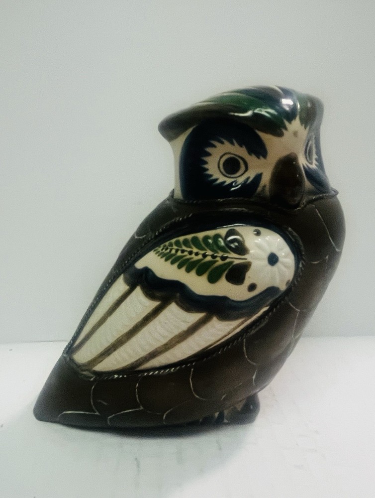 Vintage Tonala Style Mexican Pottery With Armour Brass Scale Owl Figurine
