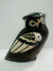 Vintage Tonala Style Mexican Pottery With Armour Brass Scale Owl Figurine