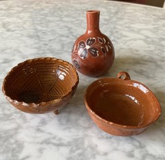 Lot collected handmade clay miniature dishes vase South tea set Central America