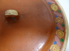 Mexican Tlaquepaque Bean Pot Red Clay Spiral Glazed 10″ Single Handle w Lid