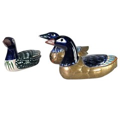 VTG Tonala Brass Duck Figurines Talavera Mexican Folk Art Set of (3) 8″
