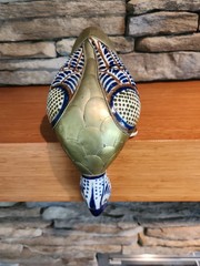 Vintage Mexican Pottery Folk Art Shelf Sitter Diving Duck Bird Armored Brass