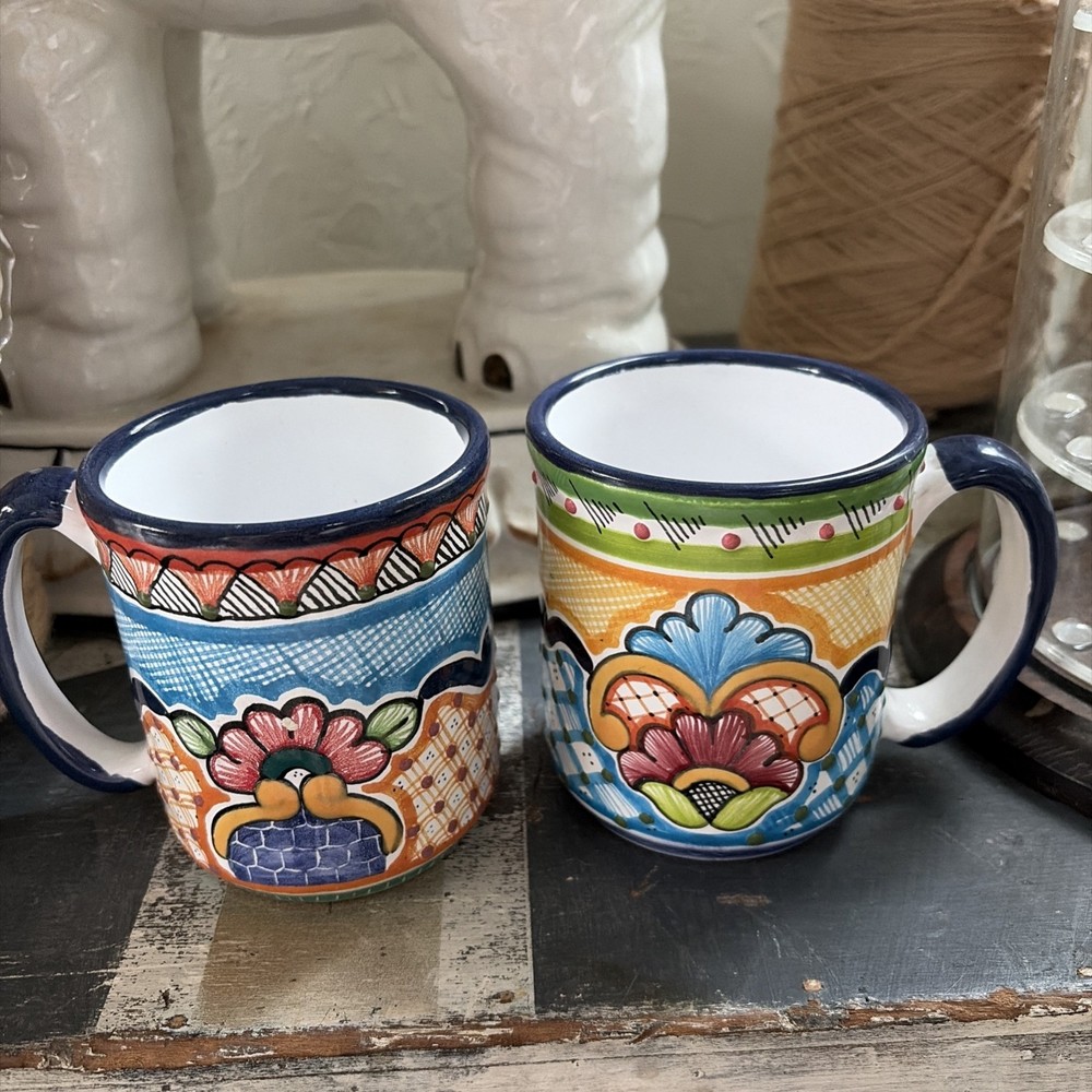 2 Mexican Talavera Art Pottery Coffee Mug Cup Floral Pattern Mexico