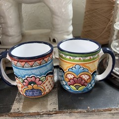 2 Mexican Talavera Art Pottery Coffee Mug Cup Floral Pattern Mexico