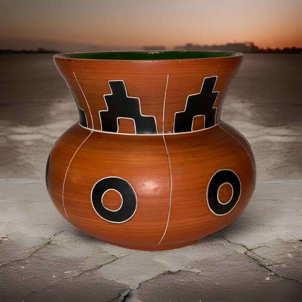 Mexican Folk Art Pottery Flower Pot Vase Large Hand Crafted Mayan Designs 7”