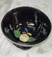 Early 1900’s Tlaquepaque Jalisco Mexico Hand Painted 8” Black Glaze Pottery Bowl