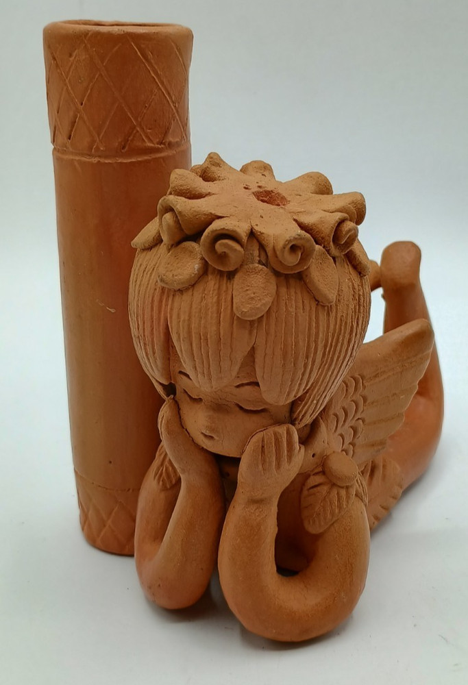 Vintage Oaxaca Terra Cotta Laying Angel Tabletop Candle Holder Adorable