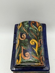 Vintage Mexican Folk Art Pottery Lidded Box Hand Painted Blue Floral Ceramic