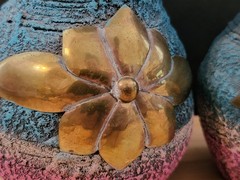 Vtg Black Clay Sand Terracotta Pottery Vase Copper/Brass Flower Trio Of Pitchers