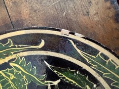 Vintage Mexican Fantasia Plate 1930s Tlaquepaque 10″ deer rabbit black and green