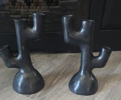 Pair Barro Candle Holders Oazaca Mexican Black Clay Folk Art Pottery Mexico