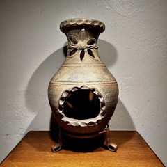 Rustic Clay Pottery Table Top Chiminea With Metal Stand