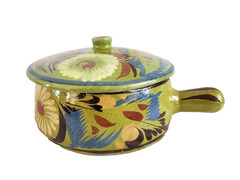 Vtg Mexican Talavera Handled Lidded Bowl Pottery Redware Floral Green