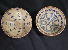 2 Hand-Painted Glazed Terracotta Bowls Featuring Cobalt Blue Motifs & Heart’s