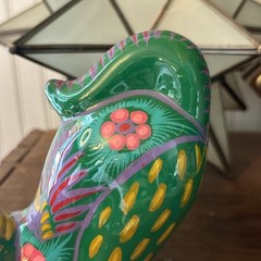 Mexico Talavera STYLE Pottery Green Playful Cat Figurine Hand Painted Folk Art