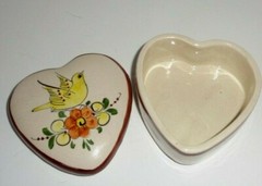 Heart Shaped Trinket Box Tonala Pottery Yellow Bird Motif Signed CAT Mexico