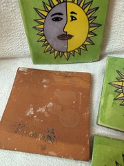 VTG Mexican Talavera Tiles Set 10 Sun Moon Face Hand Painted Green 4in