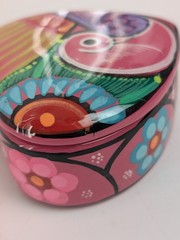 Vintage Mexican Pottery Heart Box Hand Painted Floral Bird Jewelry Dish