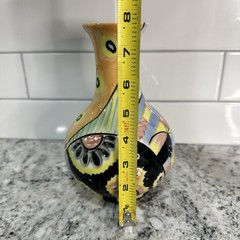 Clay Motif Handpainted 8″ T flower vase abstract yellow flowers black red green