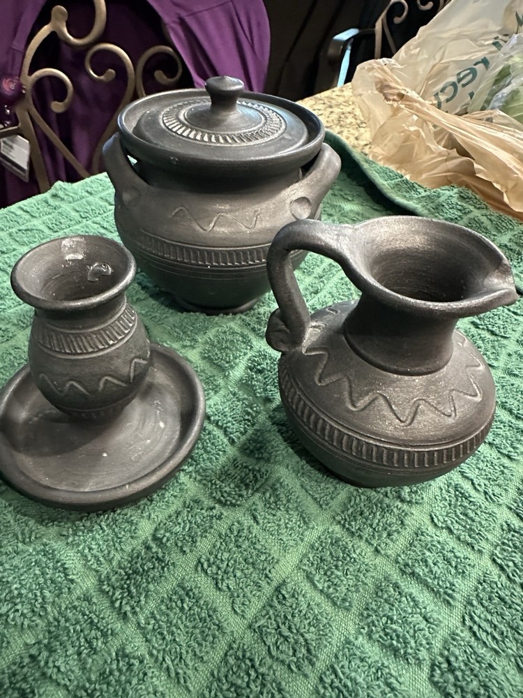 Set of 3 Matching Black Clay pottery pieces. All 3 signed by the same artist.