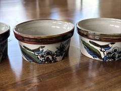 Mexican Tonala Pottery Bowl, Blue Brown Glaze, Bird , Mexico Set Of 4