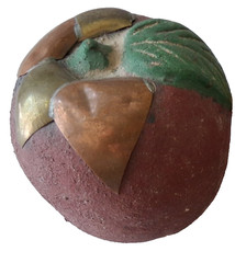 Mexico Burnished Clay Fruit Apple Figurine Terracotta Brass Copper Inlay 70s VTG