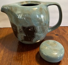 Mara Mexico Blue Slate Stoneware Teapot Pitcher Classic Faces Design Art