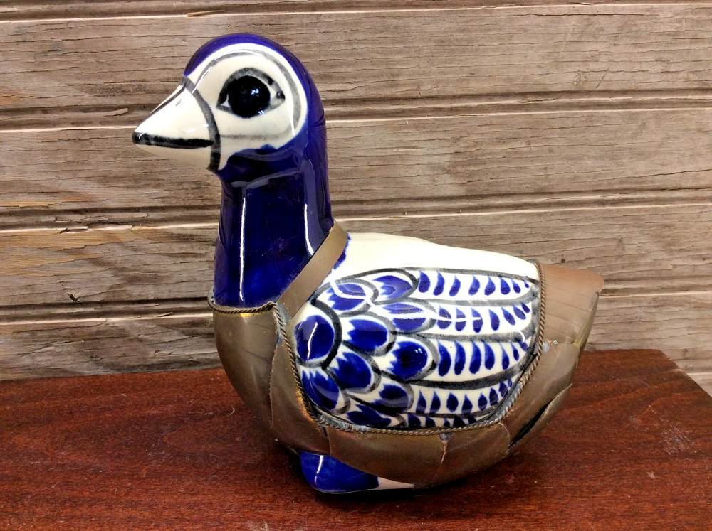 Mexican Tonala Ceramic And Brass Pottery Duck Decor Cobalt Blue Vintage 6″ x 5″