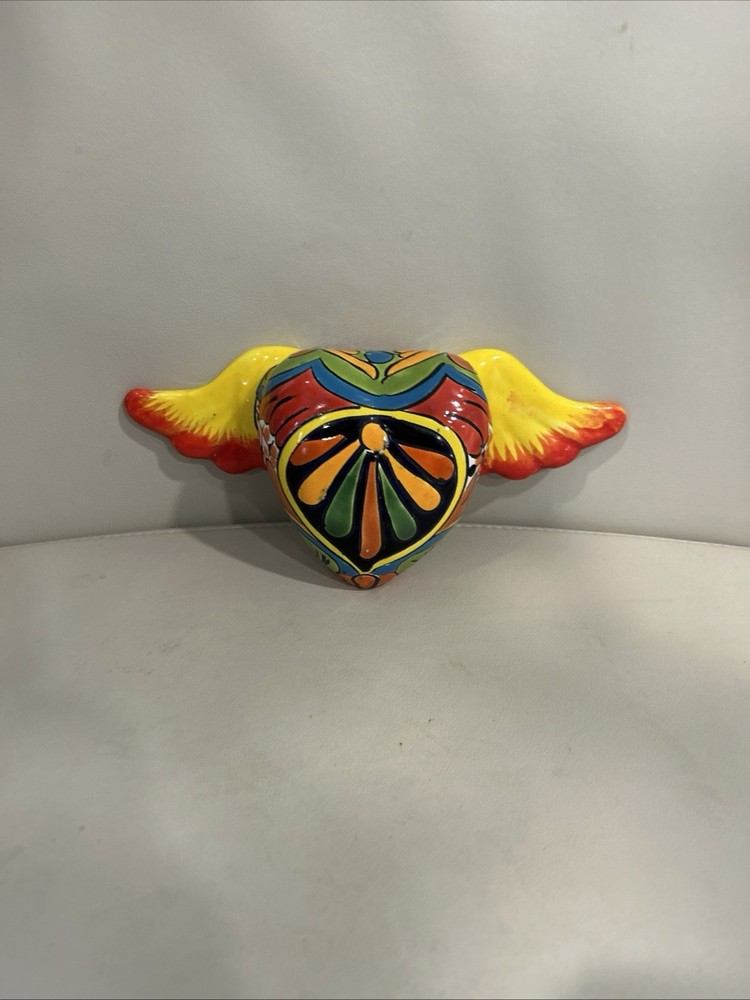 Mexican Talavera Flying Heart Wings Pottery 8” Wall Decor Folk Art