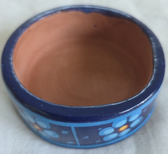 Vintage Blue Red Hand Painted Floral Glazed Terra Cotta Round Trinket Dish Lid