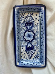 Handmade Mexican Talavera Rectangular Dish Blue & White Raised Relief Pottery