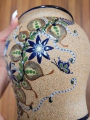 Tonala Stoneware Pottery Vase Bird Floral Design Mexico Hand Painted Signed