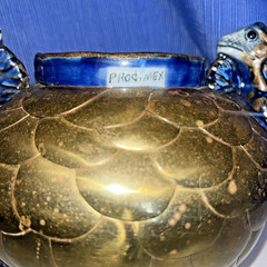 Sergio Bustamente Style Mexico Art Pottery Brass Scales Iguana Handle Vase