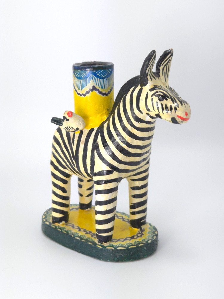 Vintage Mexican Folk Art Candle Holder Handmade Zebra Birds Clay Pottery Large