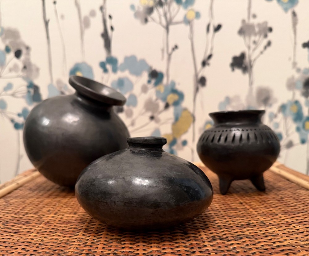 Black Clay Oaxaca Handmade Mexican Folk Art Vessels, Set of 3 Pieces