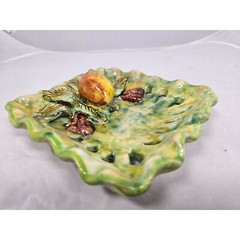 Mexican Majolica Green 3D Folk Art Wall Pottery Mellado Gto Lemon Fruit Wavy