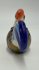 Vintage Mexican Tonala Pottery Rooster Ceramic Hand Painted Blue W Brass Armour