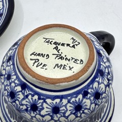 Talavera Tea Mug and Saucer Puebla Mexico Pottery Signed Floral Blue & White