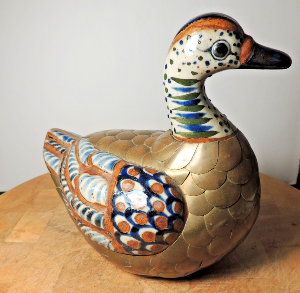 Tonala Mexico Duck Bird Ceramic w/ Brass Feathers Blue Brown Decor 7″