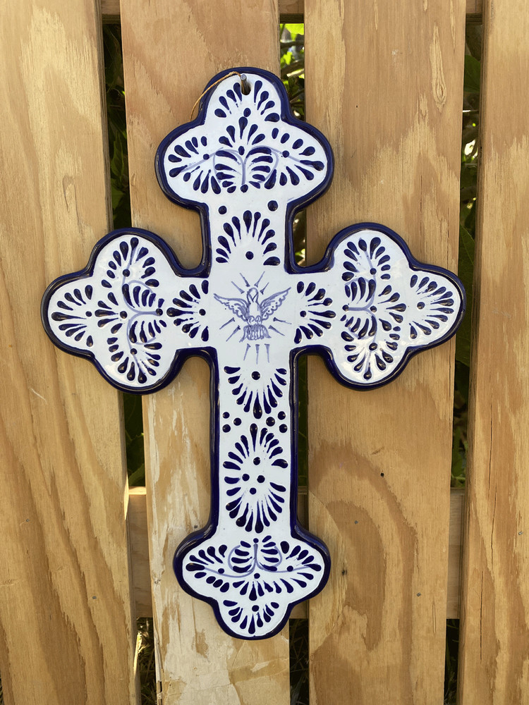 Talavera Ceramic Cross 12” Modern Mexico Pottery Wall Art Decor Classic Blue 07