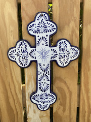 Talavera Ceramic Cross 12” Modern Mexico Pottery Wall Art Decor Classic Blue 07