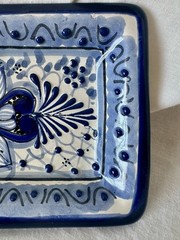 Handmade Mexican Talavera Rectangular Dish Blue & White Raised Relief Pottery