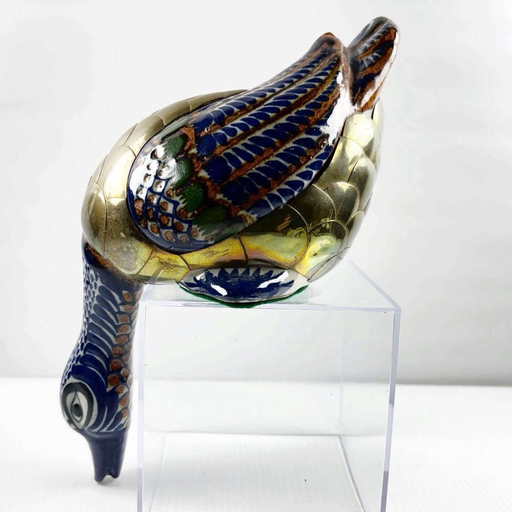 TONALA DUCK FIGURE Brass / Ceramic Hand Painted Mexican Art Vintage Peeking Down