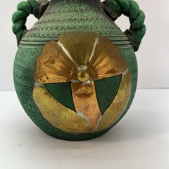 Stunning 9″x 7″ Vintage Mexican Pottery Vase Adorned w/Terracotta Copper & Brass