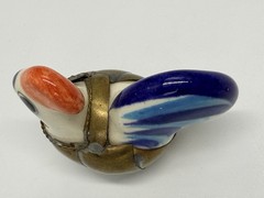 Vintage Mexican Tonala Pottery Rooster Ceramic Hand Painted Blue W Brass Armour