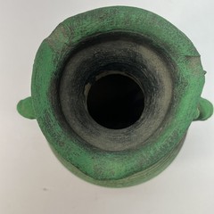 Stunning 9″x 7″ Vintage Mexican Pottery Vase Adorned w/Terracotta Copper & Brass
