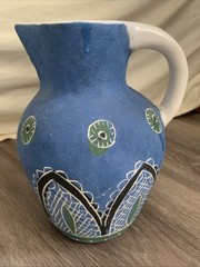 Handmade Mexican? Pottery Pitcher Vase Marked Unglazed Blue Green